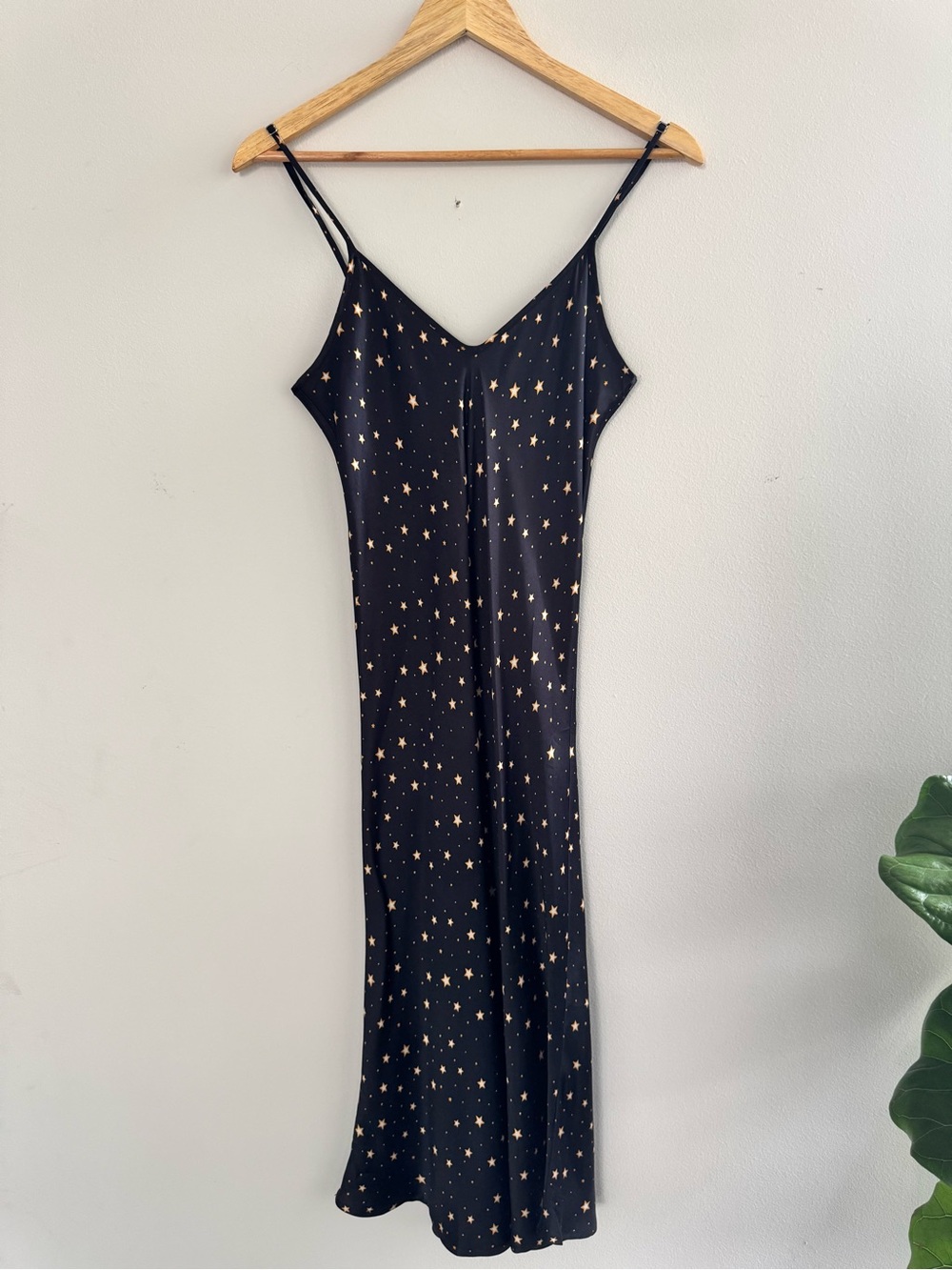Black Slip Midi Dress with Gold Star Print